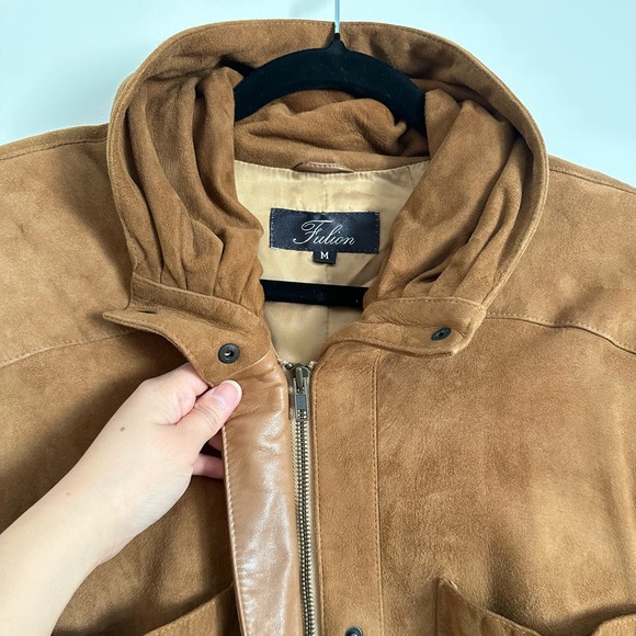Vintage 90’s Funnel Neck Camel Oversized Retro Suede Jacket Shoulder Pads - Picture 6 of 15